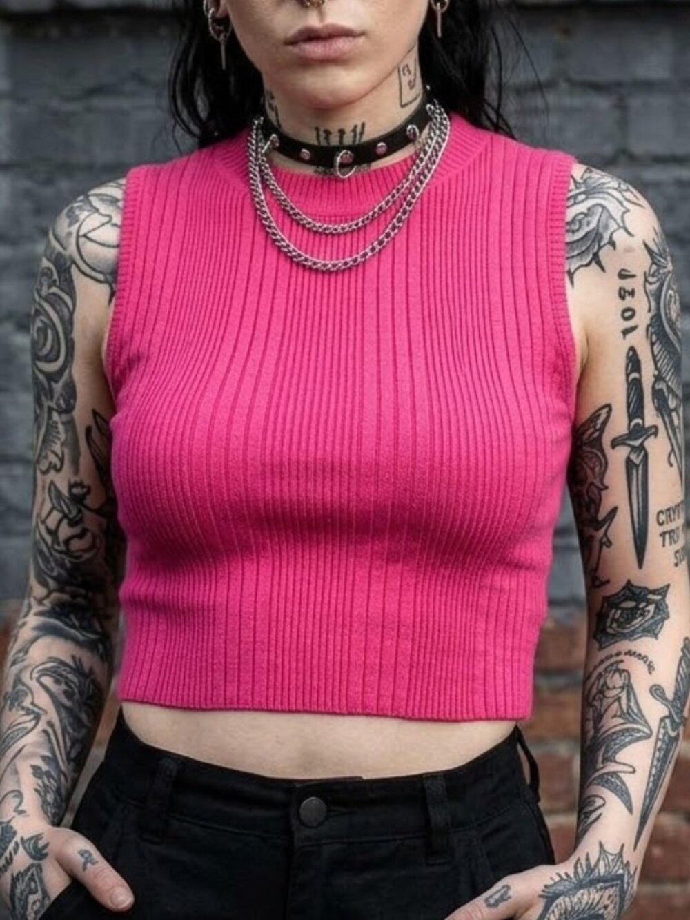 B.E. Vintage Ribbed Collared Crop Tank in Hot Pink Size Small